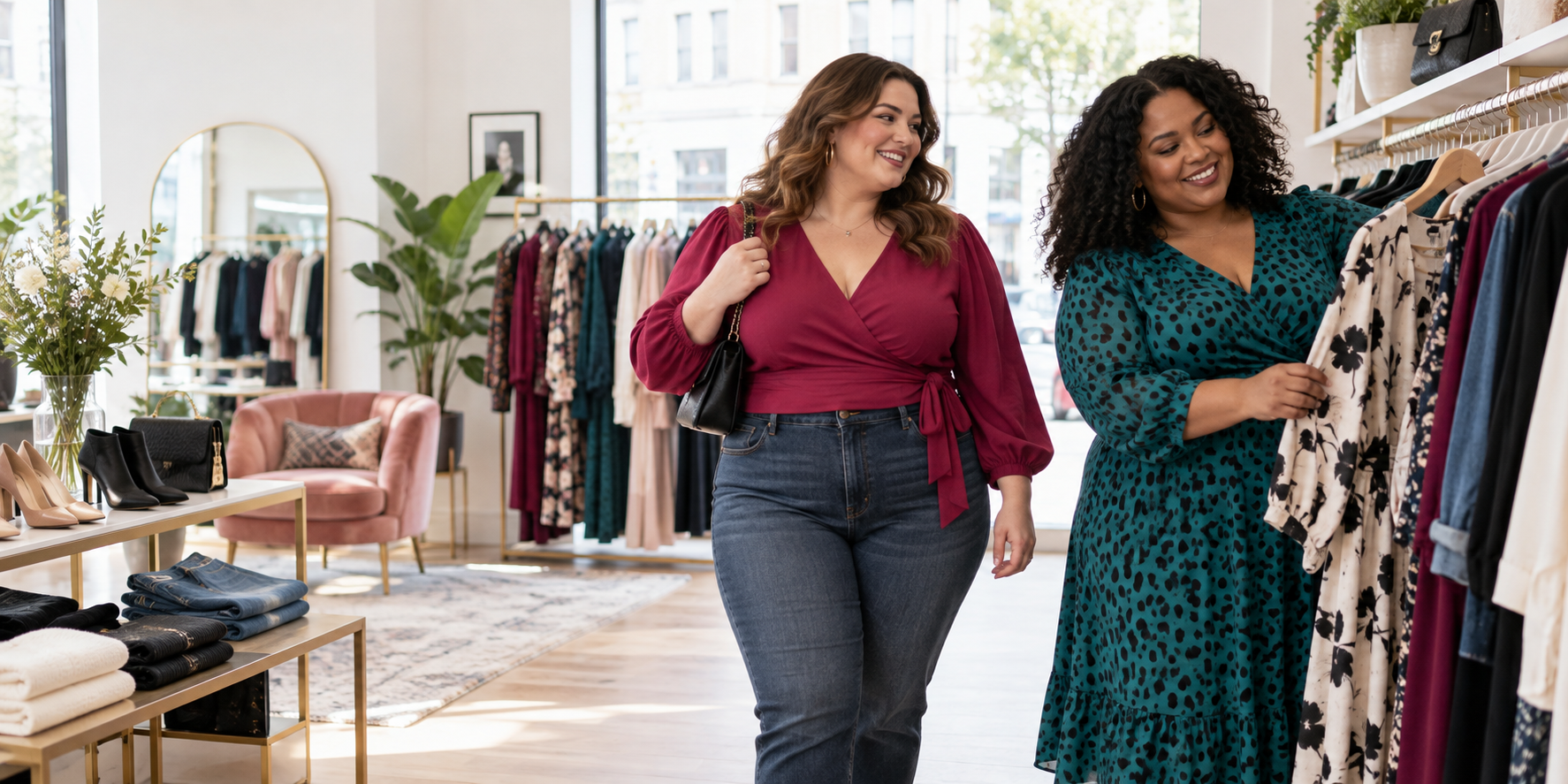 Two plus size women browsing clothing in a bright boutique